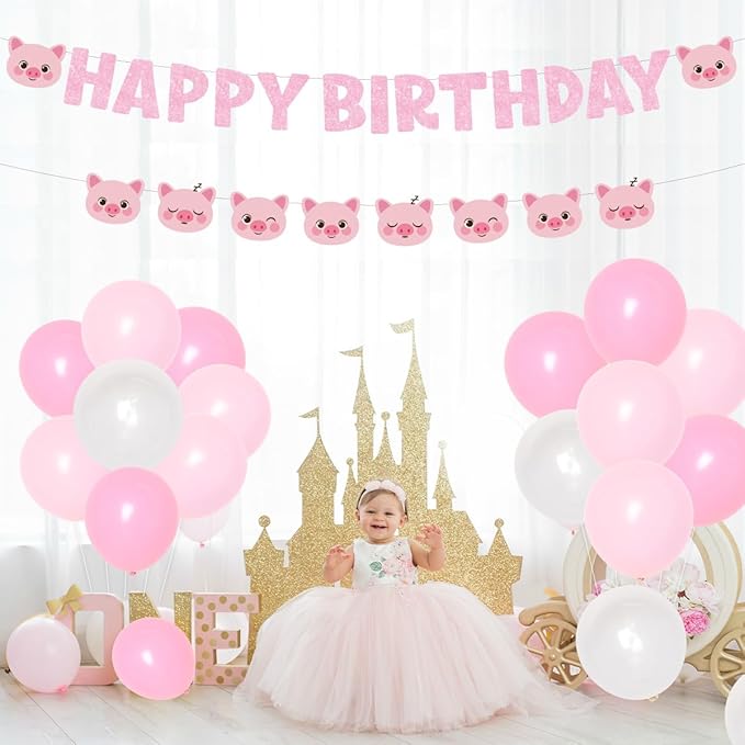 Pink Pig Happy Birthday Banner Pig Birthday Party Supplies for Girl Pig Garland Pig Theme Bday Decoration Piggy Party Supplies