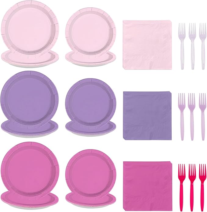 96Pcs Purple Pink Birthday Party Decoration Light Plates and Napkins Hot Pink and Purple Disposable Paper Tableware Set for Girls Birthday Bridal Baby Shower Wedding Party Supplies Serves 24