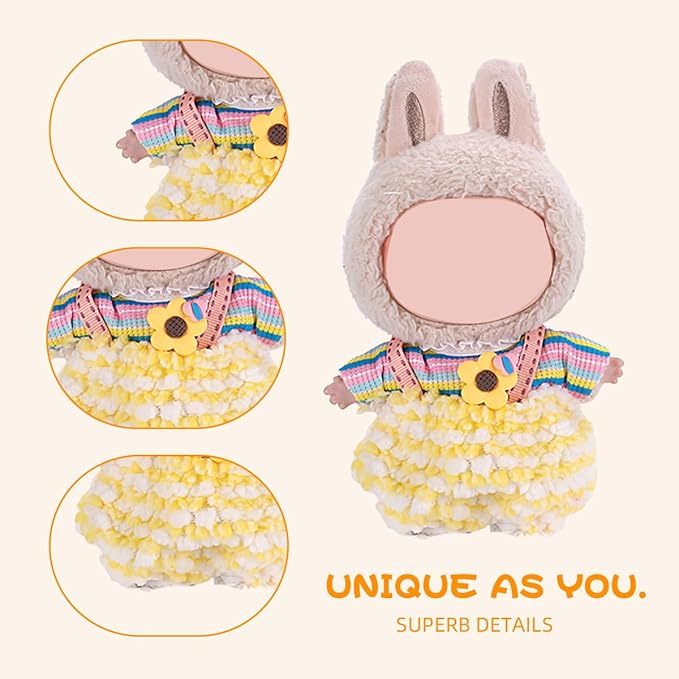 17cm Doll Clothes 5 Sets, Hat & Overalls Dress Up Outfit Compatible for Labubu 17cm 15cm Accessories, No Doll Included
