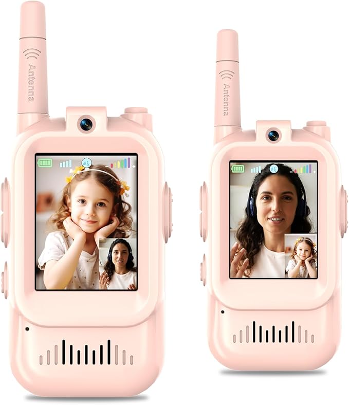 Video Walkie Talkies for Kids, Handheld 2 Pack Rechargeable Kids Video walkie talkies,Long Range Ideal for Family Games, Outside, Camping, Hiking (Pink)