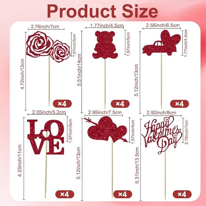 Valentines Cupcake Toppers, 24 PCS Happy Valentines Cupcake Toppers, Glitter Red Heart Love Bear Cupcake Picks Food Picks Toppers Cake Decorations for Valentine's Day Party Decorations Supplies