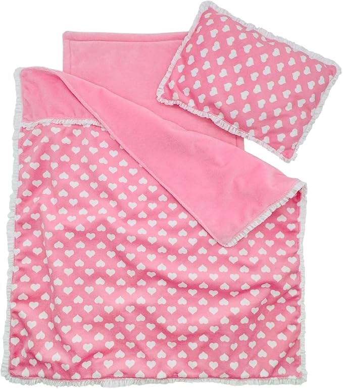 Baby Doll Accessories Dollhouse Bedding Set - Doll Blanket, Pillow & Mattress Playset for 18" Dolls,Gifts for Boys Girls Ages 3 4 5 Year Old (Pink Heart)