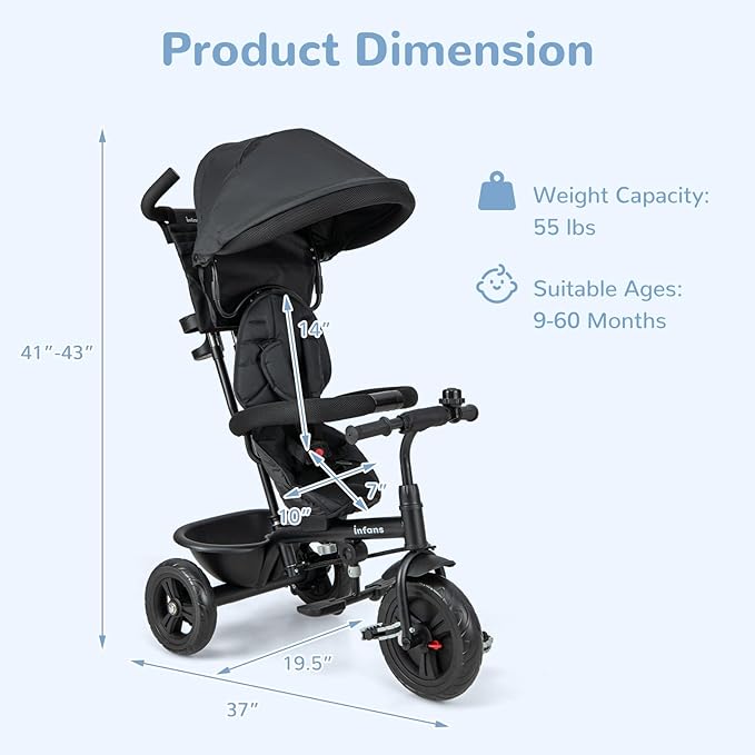 INFANS Kids Tricycle, 6 in 1 Baby Trike Toddler Bike with Reversible Seat, Adjustable Push Handle, Control Direction, Removable Canopy, Safety Harness, Belt, Storage, 9-60 Months (Black)