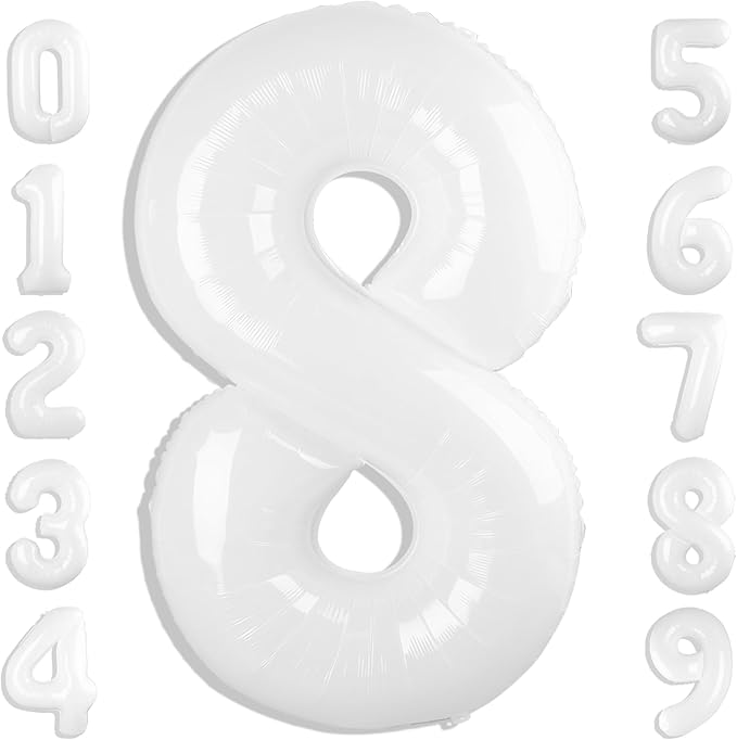 40 Inch Number 8 Balloon, White 8 18 28 80 Birthday Balloons for Men Boys, 8th Birthday Decorations Party Supplies, Wedding, Graduations