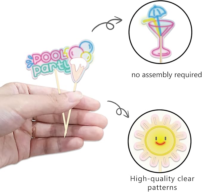 30 Pack Summer Themed Party Cupcake Toppers Neon Summer Party Decorations Picks for Hawaii Beach Pool Theme Wedding Baby Shower Birthday Party Supplies (Pool)