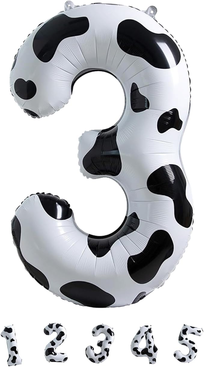 Large Number Balloons 40 Inch, Cow Print Self Inflating 3 Balloons for Boys Girls Cowboy Cowgirl Theme Party Decor Baby Shower 3rd Birthday Party Decoration Farm Animal Theme Party Supplies