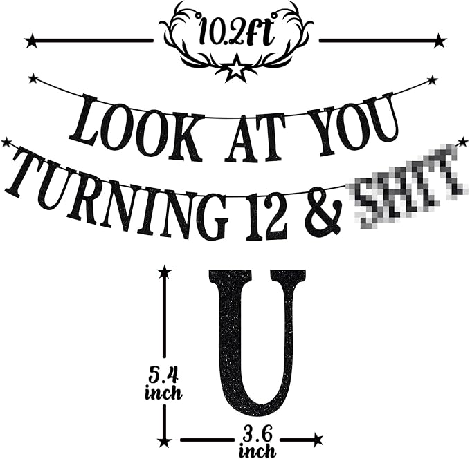 Black Glitter Look at You Turning 12 & Sh*t Banner, Happy 12th Birthday/Level 12 Unlocked/Cheers to 12 Years, Funny 12th Birthday Party Decorations Supplies