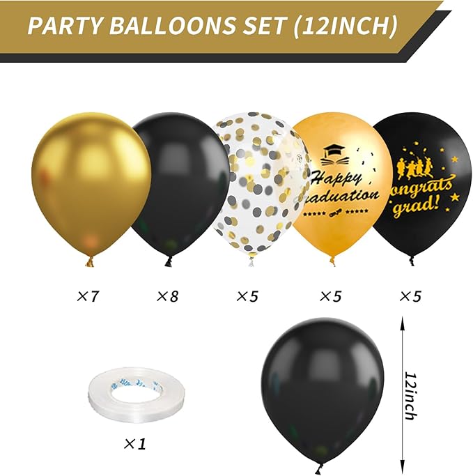 Graduation Balloons, 12 inch Black and Gold Balloons Class of 2025 Black Gold Confetti Latex Balloons with Ribbons for University College High School Grad 2025 Graduation Party Supplies