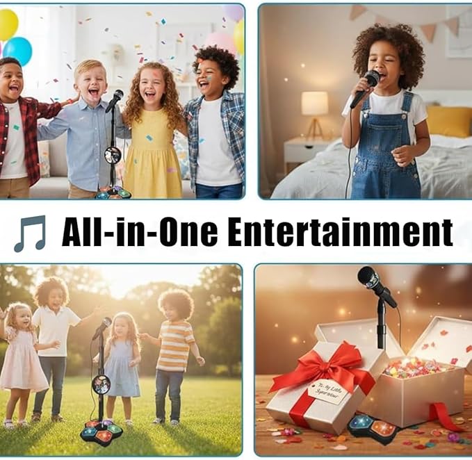 The All-in-One Microphone Toy, Kids Microphone with Stand, Adjustable Stand, Speaker & LED Lights, Funny Karaoke Microphones Toy for Singing, Boys & Girls (Black*Blue)