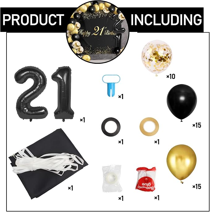 Happy 21st Birthday Balloons Black Set Decor - Cheers to 21 Years Old Party Theme Garland Banner Backdrop Decorations For Women and Men Supplies