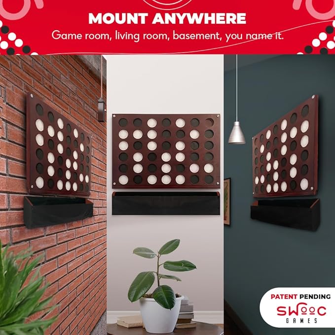 Swooc Games® - Wall Mounted Giant 4 in A Row - 60% Quieter - Jumbo Size Wall Games - Game Room Game, Accessories and Decor - Garage and Basement Decor - Large Connect - Four in a Row for Kids & Adults