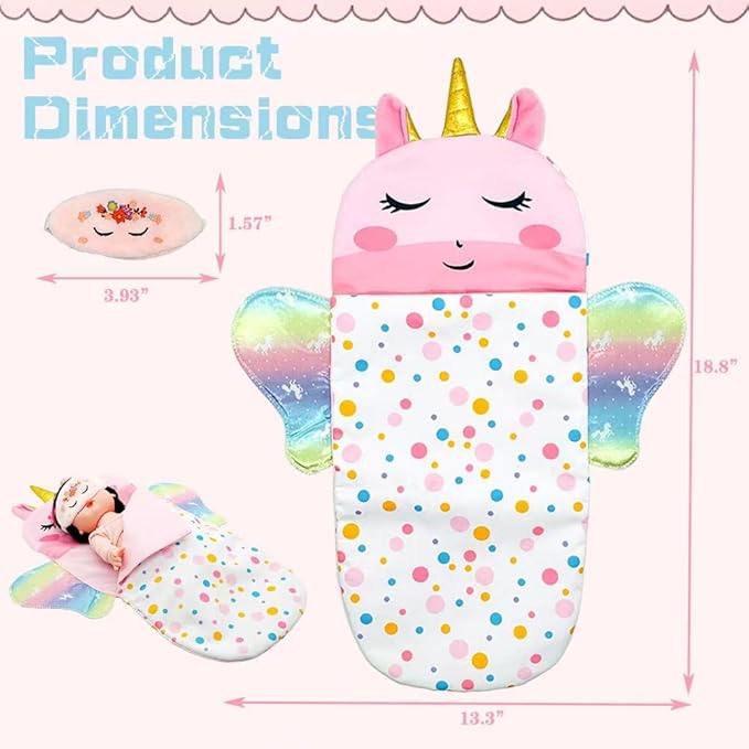Baby Doll Sleeping Bag Toy Playset Rainbow Unicorn Doll Bedding Slumber Bed Accessories with Eye Mask Doll Unicorn Style Sleeping Bag (for 12 inch Doll)