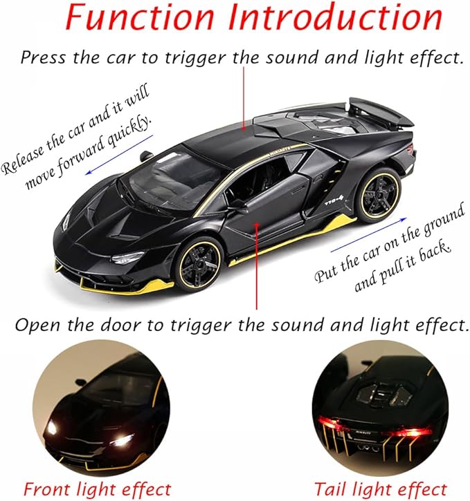 Alloy Collectible Black Lambo Toy Pull Back Vehicles Diecast Cars Model with Light & Sound