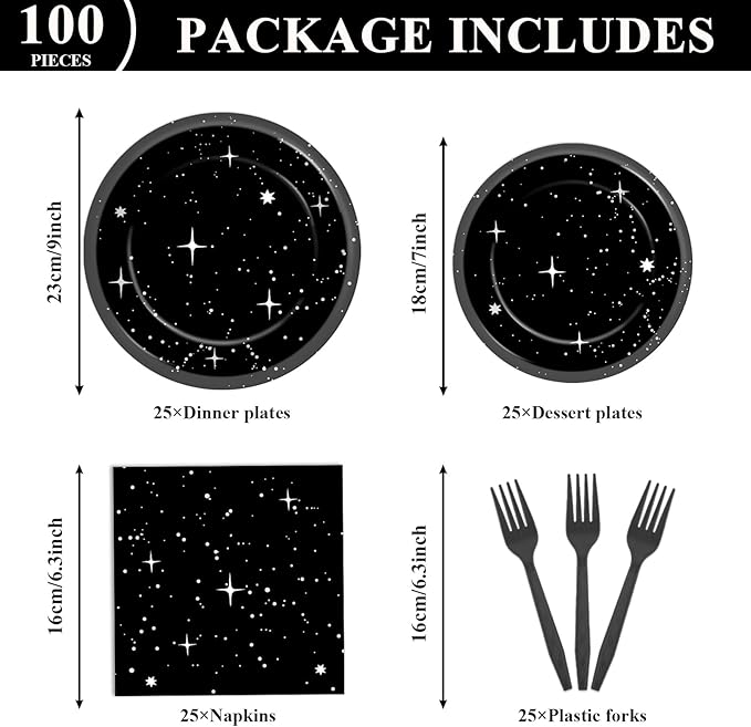 Qyeahkj 100Pcs Stars Birthday Party Decorations Galaxy Plates and Napkins Space Theme Paper Plate Supplies for Outer Spaces Disposable Tableware Set Baby Shower Night Sky Decor for 25 Guests