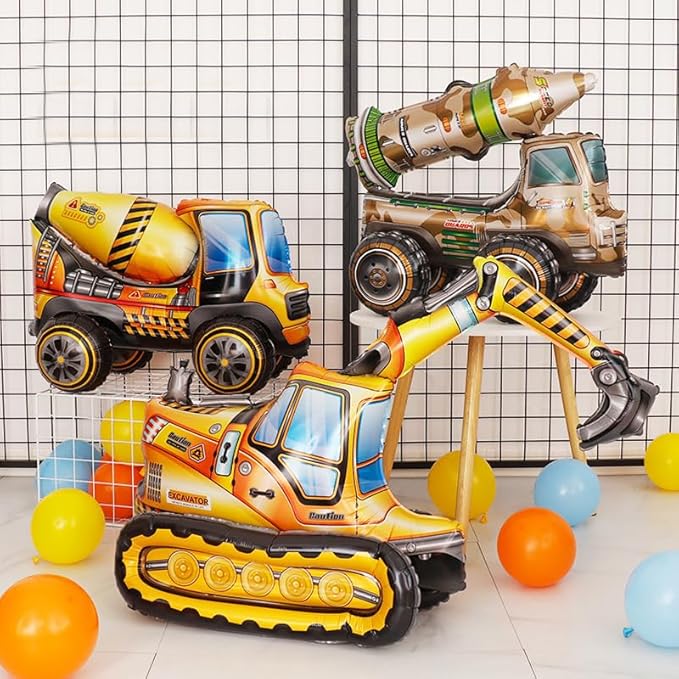 Self Standing 4D Construction Balloon Large Mixer Truck Armed Forces Digger Engineering Vehicle Balloon For Boys Construction Birthday Theme Party Decoration Supplies