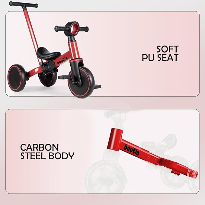 Kids Tricycle for Toddlers 1-3 with Push Handle, 5 in 1 Baby Balance Bike Toy for 1-4 Years Old Boys Girls Gift with Removable Pedals, Red (No Parent Steering Version)