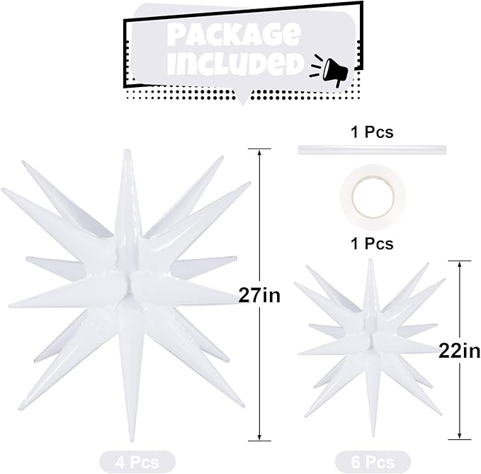 10 Pcs White Star Balloons Explosion Balloons Foil Cone Balloon Magic for Birthday Wedding Anniversary Party Backdrops Decorations Supplies, 6 Pcs 22Inches and 4 Pcs 27Inches