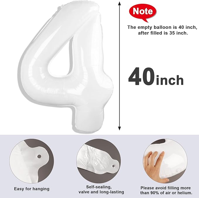 40 Inch Large Numbers Balloon, 4 White Ballon for 4th 14 40 44 Birthday Party, Balloon 4 Number for Graduations Wedding Supplies