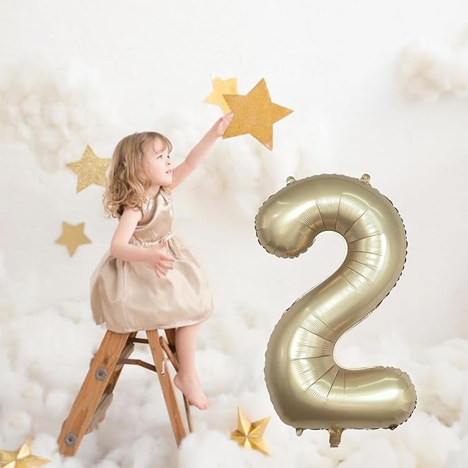 Champagne Gold 2 Balloons, 40 Inch Giant Metallic Helium Mylar Foil Number 0-9, Light Gold 2nd Birthday Balloon for Boys Girls, Morados Numero Two for Women Anniversary Party Decorations