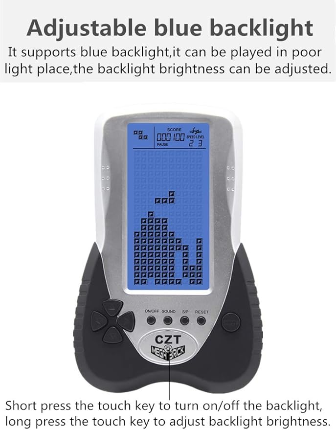 CZT Retro Brick Game Console Big Blue Backlight Screen Built-in 23 Games Tank Battle/Racing Can plug Headphone Nostalgic Puzzle Pocket Handheld Porable Machine Children's toys Christmas Gifts(Black)