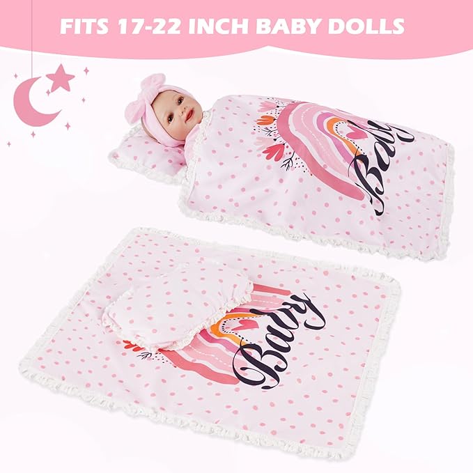 BABESIDE 3 Pcs Baby Doll Bassinet with Baby Doll Bedding Set for 17-22 Inch Dolls, Floral Patterns Babydoll Crib and Blanket for Lifelike Reborn Dolls Accessories, Pink