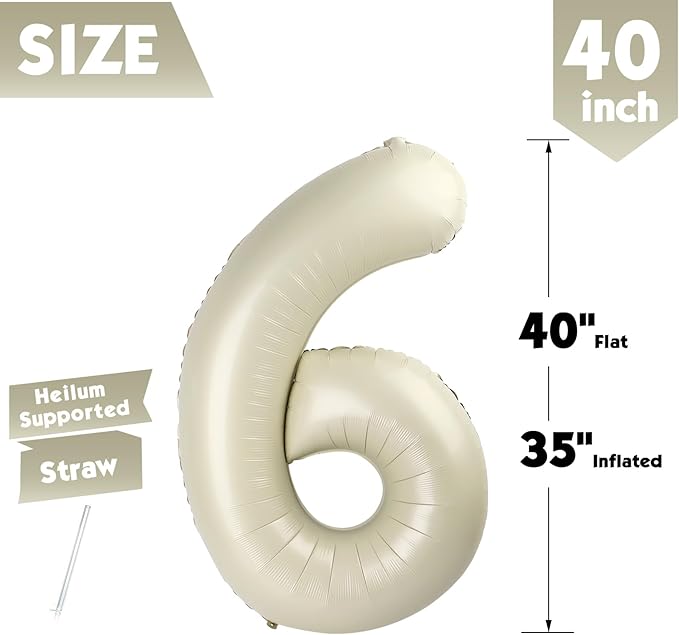 40 Inch Cream Number 6 Balloon, Giant 6 Number Balloons for 6th Birthday Decorations, Party Supplies for Baby Boy Girl, Cream Party Decor