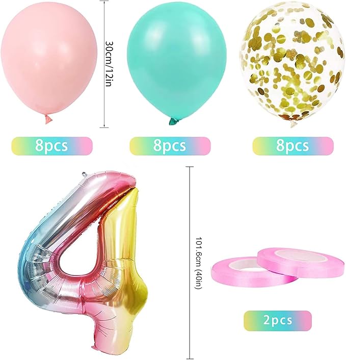 4th Birthday Decorations for Girls Gradient color Age 4 Birthday Balloons with Happy Birthday Banner for Baby showers Fourth Birthday Party Supplies for Girls Boys (4th-Birthday)