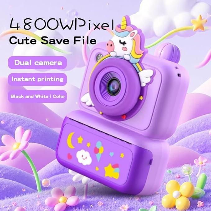Kids Instant Print Camera, 2.4" HD Screen Instant Camera, Dual 3MP Kids Camera, 1080P Video, MP3 & Games, Includes Printing Paper & Lanyard, Gift for Boys & Girls (Pink-Color Printing)