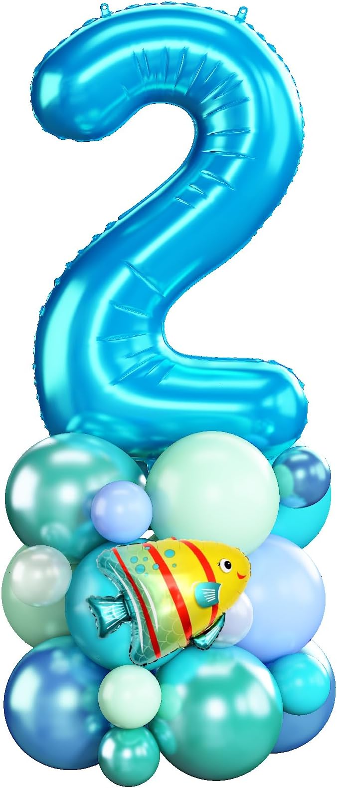 Blue Number 2 Balloon 40 Inch Ocean Under the Sea Number Two Foil Balloons Tower with Shark Bubble Fish for Boys Second 2nd Birthday Party Decor Green Underwater Digital Aluminum Balloons Stack