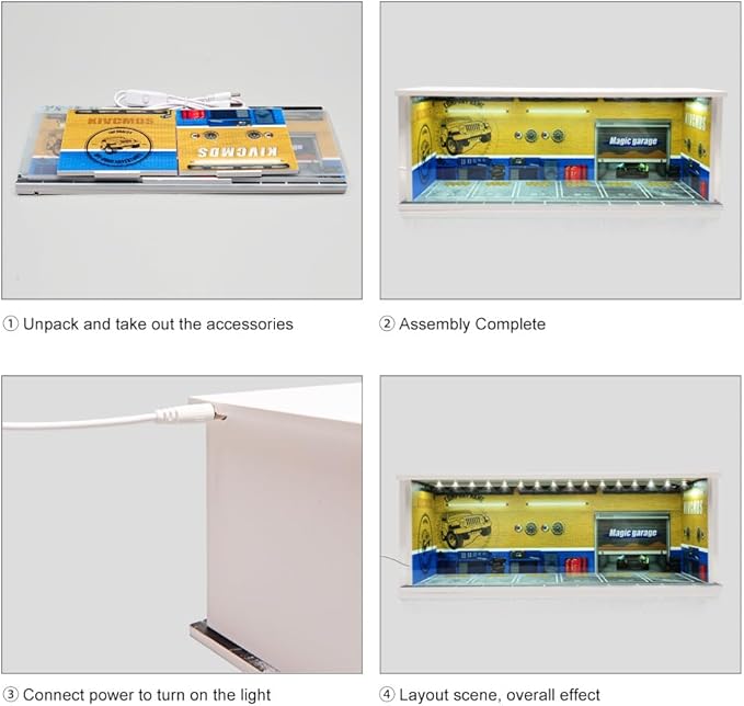 1/64 Model Car Display Case Diecast Diorama Garage，Simulated Parking Lot Model Miniature Scene Parking Lot PVC Assembly with Light Parking Space Model Display Frame Toy Display Box (Yellow)