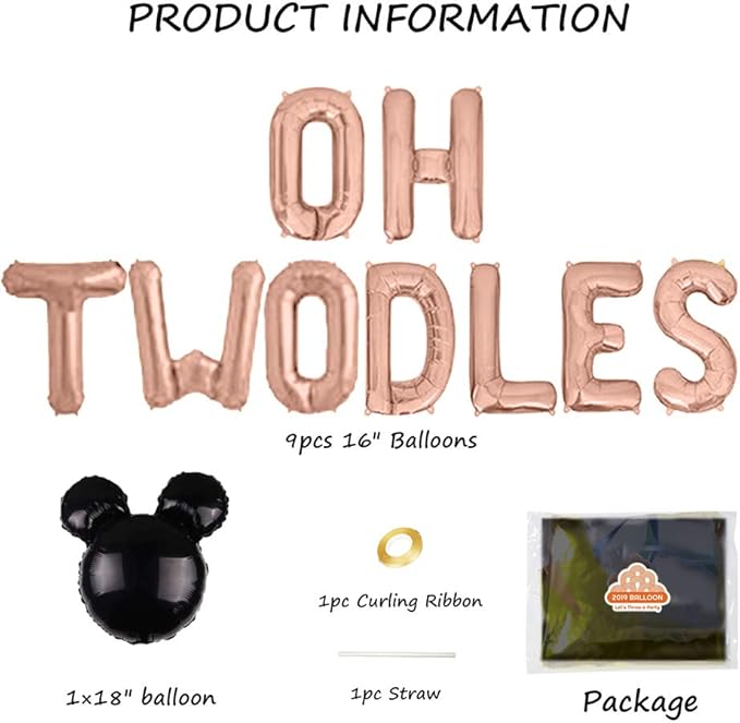 Oh Twodles 2nd Birthday Party Decorations for Themed of Mouse for Girl Boy Oh Twodles Birthday Party Supplies Decorations Set Of 12PCS Kit (Rose Gold)