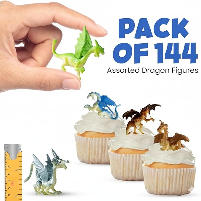 Bedwina Mini Dragon Toy Figures - (Bulk Pack 144) 2 Inch Plastic Rubbery Dragon Figurines in Assorted Colors and Styles - Kids Toys for Birthday Party Favors, Decorations, Cupcake Toppers and Piñatas