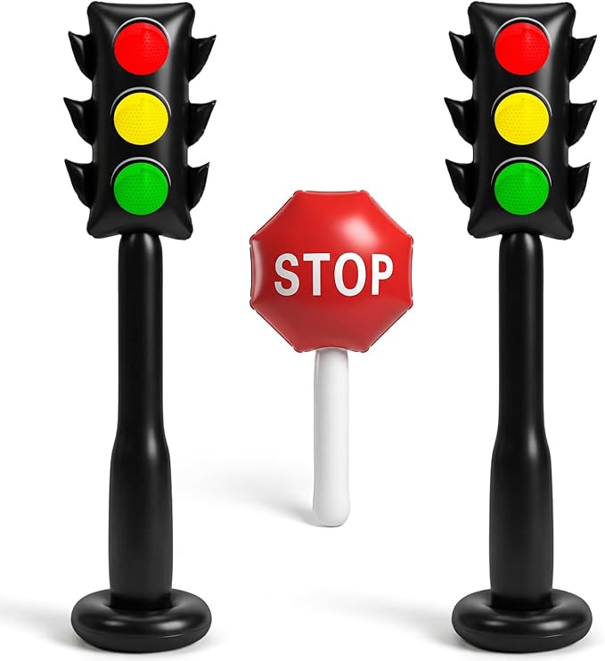 3 Pcs 59 Inch Jumbo Inflatable PVC Traffic Light Balloons and 24 Inch Stop Sign Balloon for Racing Car Birthday Party Decorations Traffic Vehicle Birthday Party Supplies