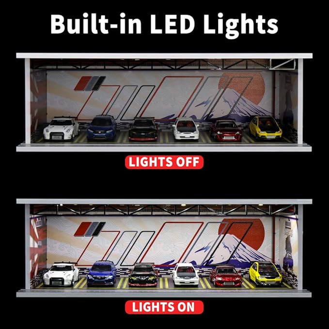 1/64 Scale Hot die-cast Wheels Model car scenarios Display case with LED Light and Acrylic Cover, Scenes Parking lot Diorama Storage Garage Box with 6 Parking Spaces (Fuji)