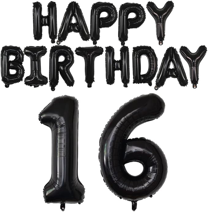 Happy Birthday Balloon Banner 40 inch 16 Balloon Number 16 Inch Happy Birthday Letters Balloons Black Foil Mylar Balloons for 16th Birthday Decorations Party Supplies