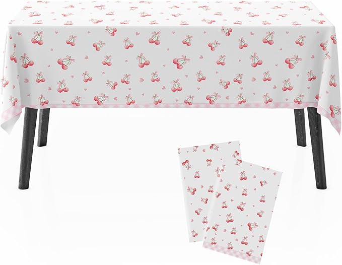 Pink Cherry Tablecloth for Kids, 54×108 Inch Cute Plastic Table Cover with Sweet Cherry Pattern, Disposable Table Decoration for Girls Birthday Party or Picnic, Rectangle Waterproof Tables Cloth