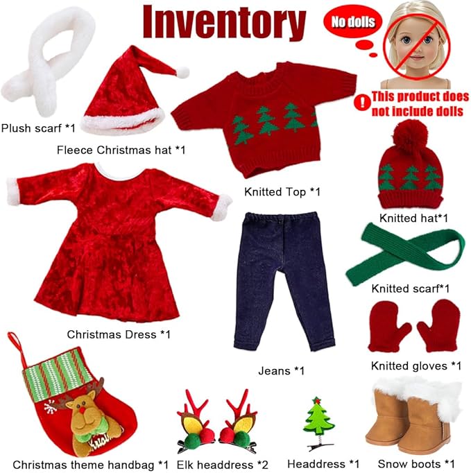 Ebuddy Doll Clothes & Accessories - Christmas Santa Costume Set for 17 & 18 Inch Dolls, Including Xmas Tree Sweater Set