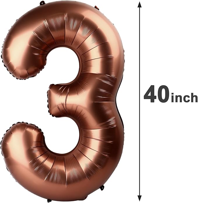 40 Inch Dark Brown 3 Large Number Balloon, 3 13 23 30 33 36 Coffee Brown Birthday Party Decorations, Number Three Foil Balloons for Anniversary Party Graduations Celebration Supplies