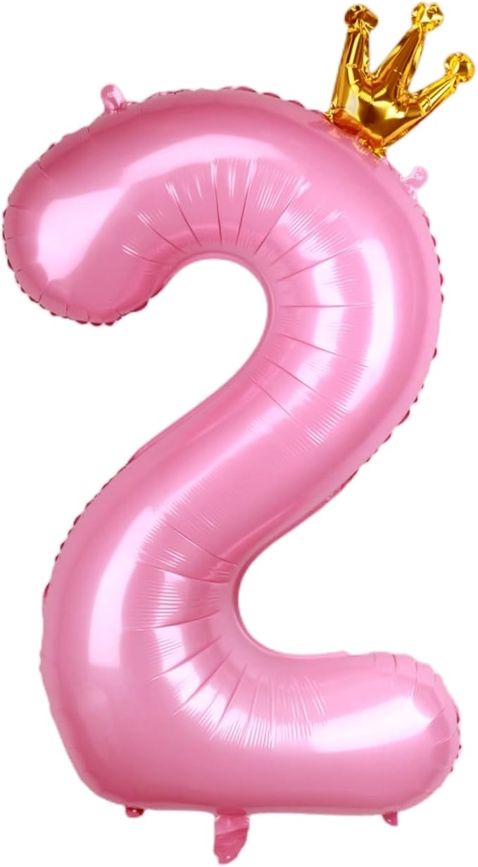 40 Inch Crown Pink Number 2 Balloon, Big Conjoined Baby Pink Foil Mylar Helium 2 Balloon for Girls 2nd Birthday Party Decorations Princess Theme Party Supplies Favors Anniversary Decor