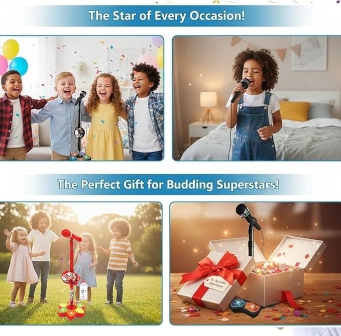 Adjustable Kids Karaoke Microphone with Stand, Extends up to 39.4” Height, Detachable Handheld Mic with LED Light Base & Type-C Adapter, Compatible with Android/iOS/PC for Singing & Parties