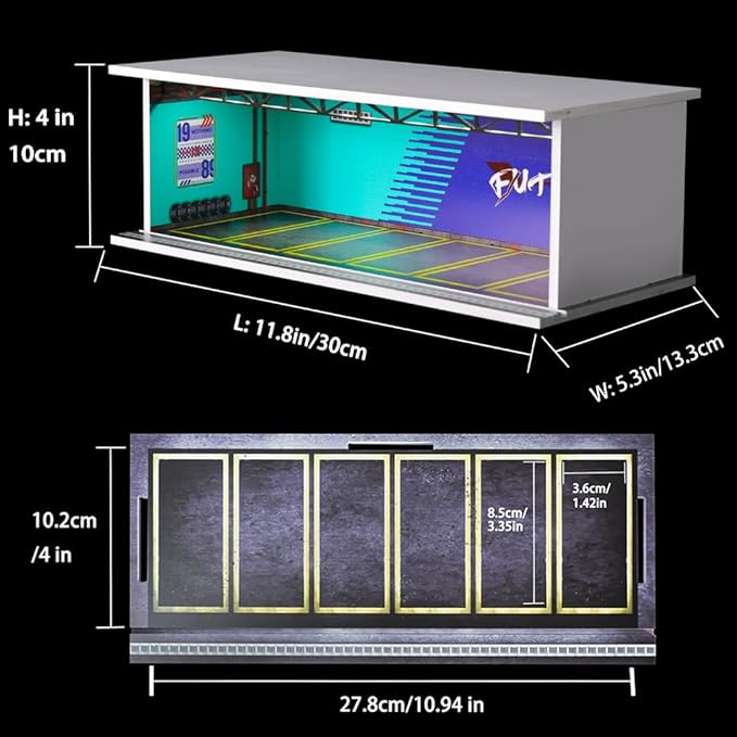 1/64 Scale Hot die-cast Wheels Model car scenarios Display case with LED Light and Acrylic Cover, Scenes Parking lot Diorama Storage Garage Box with 6 Parking Spaces (Future)