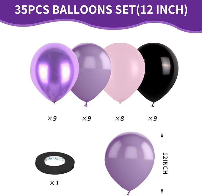Purple Pink Balloons, 12 Inchs Black Pink Purple Metallic Purple Balloons, Pink and Black Birthday Balloons for Birthday Party Baby Shower Wedding Decorations