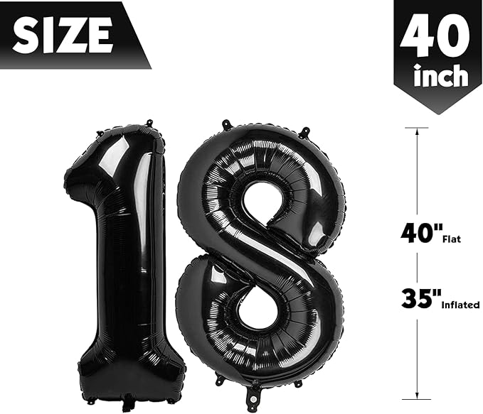 40 Inch Black Number 18 Balloon, Giant Number 18 Balloons for 18th Birthday Decorations, Party Supplies for Baby Boy Girl, Black Party Decor