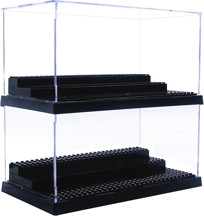 Minifigure Display Case for Action Figures Blocks, Dustproof Acrylic Display Box Storage with 3 Movable Steps for Collection Models Minifigures, Bricks Blocks Toys