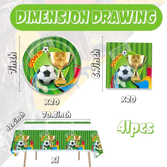 41pcs Soccer Party Supplies ,include 20 Plates, 20 Napkin and 1pcs Tablecloth,Used for Soccer Birthday Party Decoration (Green Soccer III)