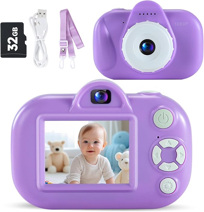 Kids Camera Digital Camera for Age 3-8, 1080P Toddler Camera for Kid with 32GB SD Card, Toddler Girls Toys Age 6-9, Christmas Birthday Gifts for Children, Grape Purple