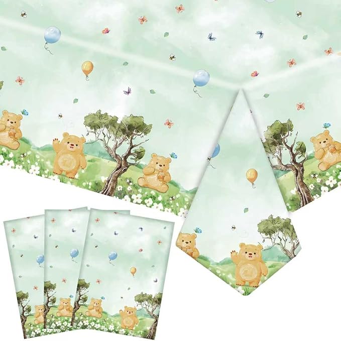3pcs Party Tablecloth Bear Baby Shower Tablecloths Classic Bear Disposable Thickened Plastic Table Cover for Kids 1st 2rd Baby Party Supplies 54x108Inches (Green)