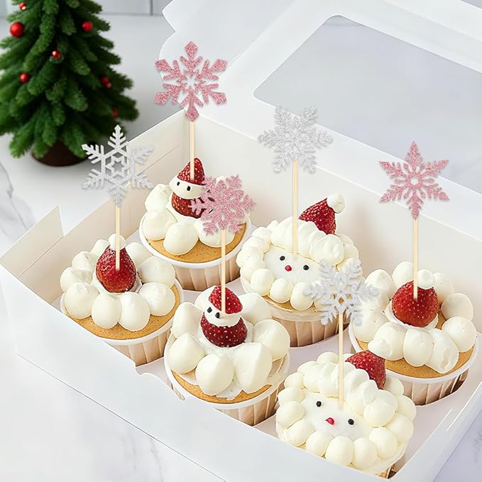 Snowflake Cupcake Toppers, 24PCS Glitter Winter Frozen Cupcake Picks Cake Decorations, Pink and Silver Snowflake Food Picks Topper for Christmas Winter Wonderland Baby Shower Party Decoration Supplies
