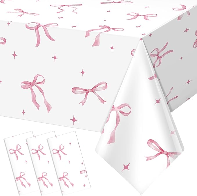 6Pcs Coquette Party Tablecloths Decorations,Pink Bow Plastic Table Cover Disposable Rectangle Table Cloth for Girls Birthday Bridal Wedding Party Supplies,54x108 Inch