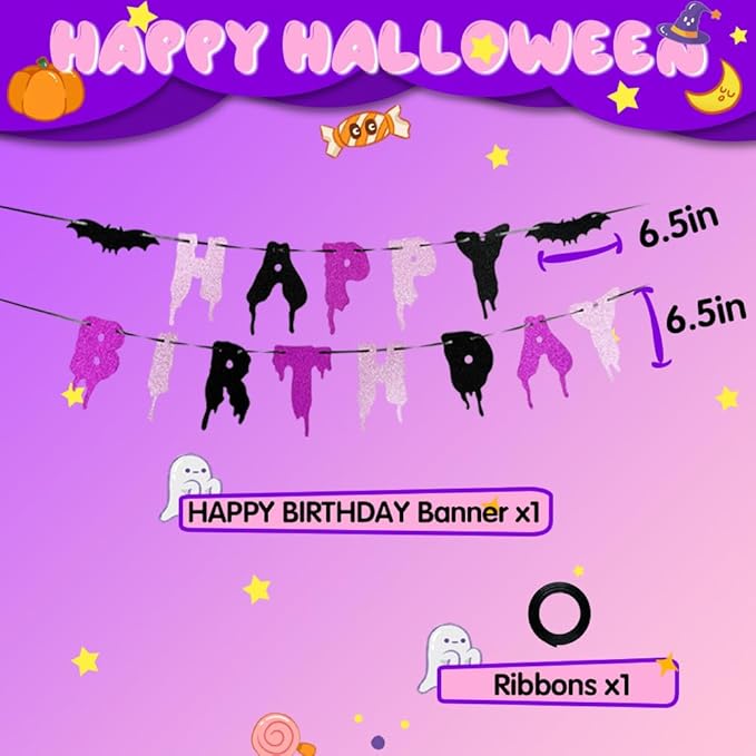 Halloween Happy Birthday Banner – Bday Party Decoration, Glitter Bloody Hanging Garland with Spooky Bats, Halloween Theme Party Supplies, Indoor & Outdoor